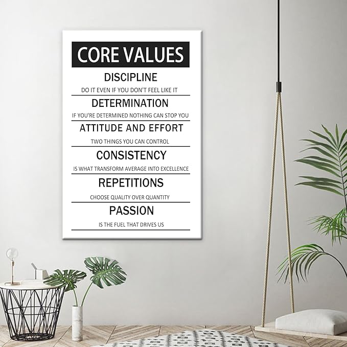 Core Values Motivational Wall Art Canvas Poster Black and White Inspirational Painting Print Artwork for Living Room Office Gym Modern Home Wall Decor Artwork Framed Ready to Hang [24''W x 36''H]