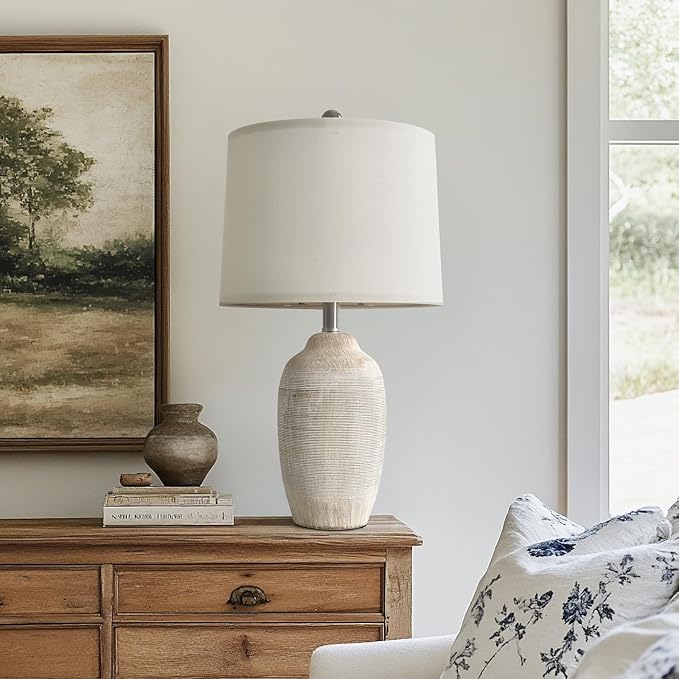 24.5" Vintage Ceramic Table Lamp - Single Farmhouse Rustic Bedside Lamp with Natural Textured Finish, Nightstand Lamps for Living Room, Bedroom, End Table, Office White