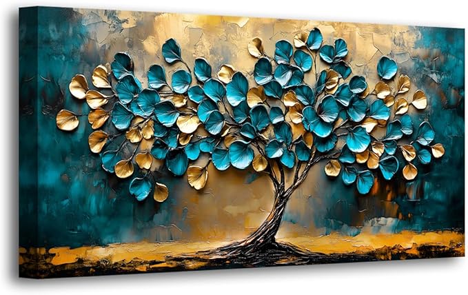 Tree of life Teal Gold Leaf Pictures Canvas Wall Art for Living room Office Bedroom Wall Decor,Abstract Wall Art Print Paintings Modern Blue Leaves Artwork Waterproof Ready to Hang-20x40inch
