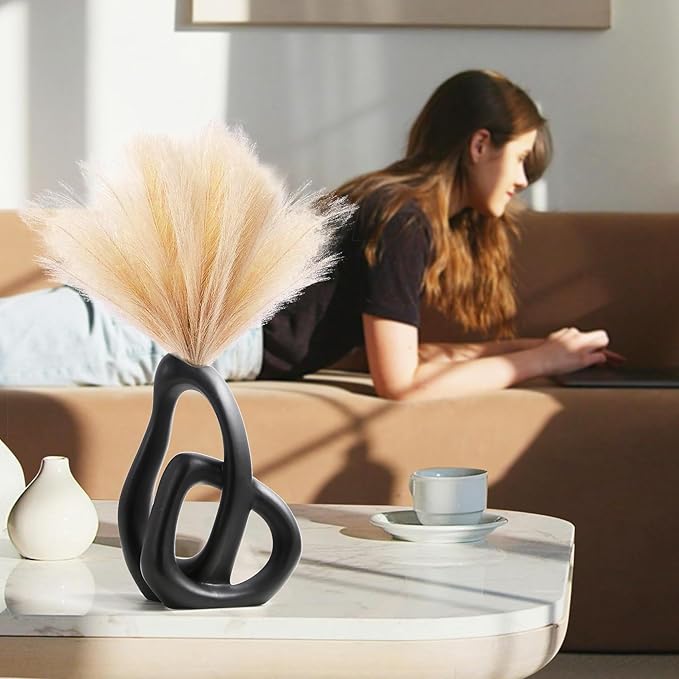 Modern White Ceramic Flower Vases for Home Decor Aesthetic, Boho Decorative Vase for Bouquet Pampas Grass, Living Room Bedroom Kitchen Maximalist Decor (Black)