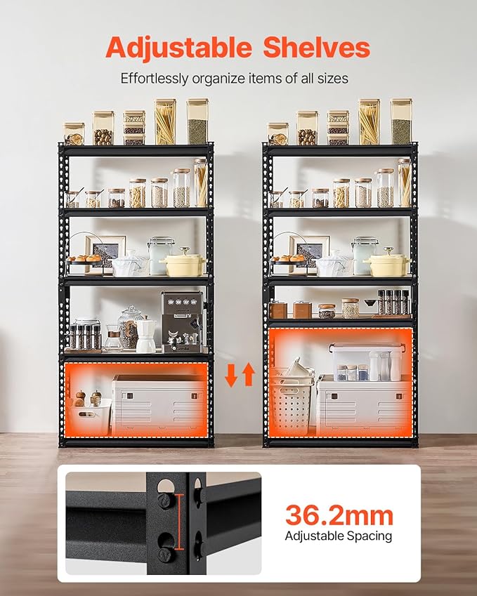 VEVOR Storage Shelves, 2000 lbs, 5 Tier Garage Storage Shelving, 16" D x 32" W x 62.8" H Adjustable Metal Shelves for Garage Shelves Utility Rack Shelf, Ideal for Kitchen, Warehouse, Basement, Black