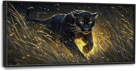 Flintis Large Black Leopard Framed Wall Art Leopard Pictures Wall Decor Abstract Animal Portrait Canvas Painting Print Artworks Decor Framed for Living Room Bathroom Master Bedroom Office 60L X 30W