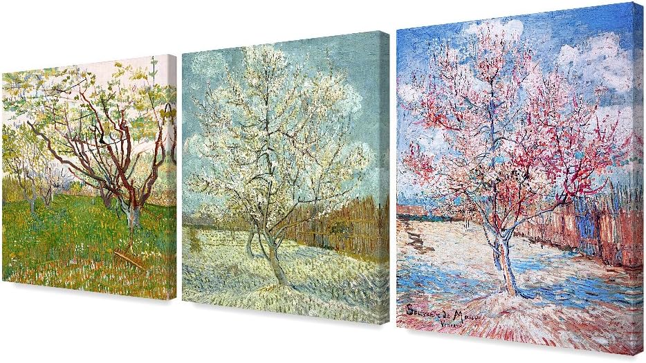 DECORARTS - Triptych (Orchard in Blossom, The pink peach tree, Peach Trees in Blossom), Vincent Van Gogh Art Reproduction. Giclee Canvas Prints Wall Art for Home Decor 24x30, 3pcs/set