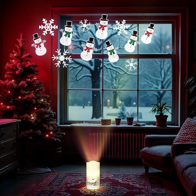 Christmas Flameless Candle Snowflake Snowman Projector Light Colorful LED Candle Battery Operated Night Light with Remote and Timer Indoor Bedroom Home Decor for Christmas Party Gift Decor