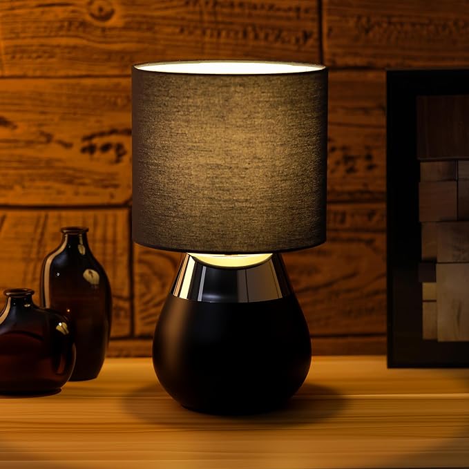 Small Modern Touch Eye Protection Bedside Table Lamp, 7 x 7 x 12 Inch Dark Blue Metal Base Table Lamp for Bedrooms and Office (Dark Blue Fabric Lampshade)