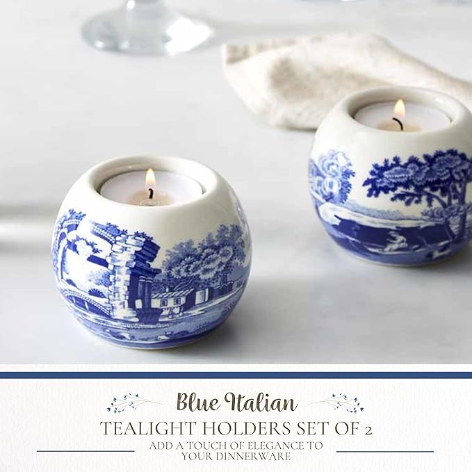 Spode Blue Italian Tealight Holders | Set of 2 Round Tealight Holders | Made of Fine Porcelain | 4 Inch Candle Holders for Home Décor and Housewarming Gift | Dishwasher Safe