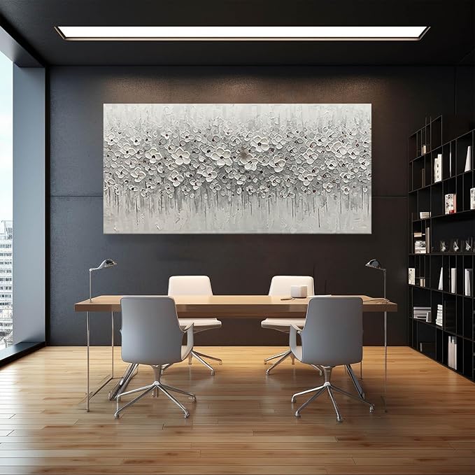 Large Canvas Wall Art for Living Room White Flowers Picture Hand-Painted Oil Painting Framed Artwork Modern Gallery Plant Decor Wall Decorations for Bedroom Bathroom Size 60x30 inch Ready to Hang