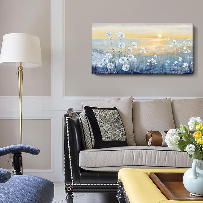 Blue Ocean Sunset Canvas Wall Art for Living Room Abstract Seascape Painting Coastal Beach Wildflowers Picture Natural Sea Landscape Print Sunrise With Yellow Orange Sky Seaside Artwork 20x40inch