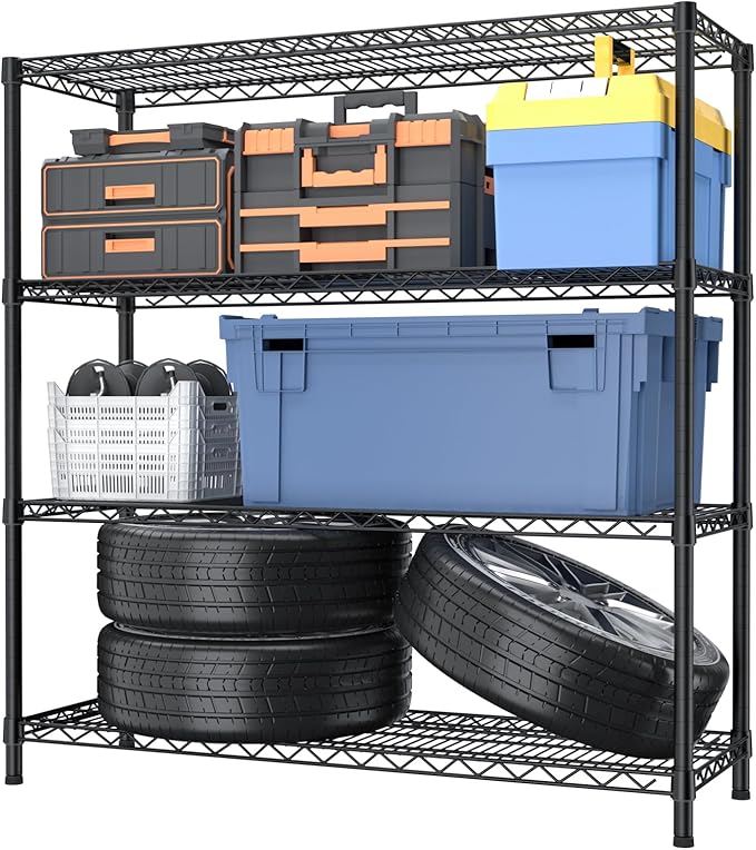 4 Tier Adjustable Storage Shelves,Heavy Duty Metal Utility Shelf 1400LBS Capacity Wire Shelving Unit Organizer Rack for Kitchen Office Pantry Room 18" D x 46" W x 59" H Black