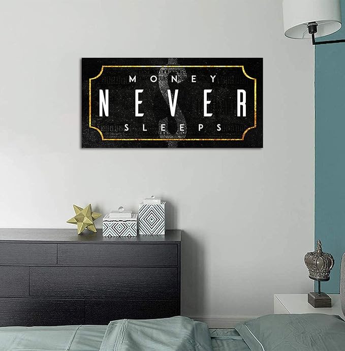 Abstract Creative Money Never Sleeps Motivational Quote Art Prints Painting on Canvas Inspirational Poster Wall Picture Office Wall Art Living Room Bedroom Wall Hangings Framed Ready to Hang-32"Wx16"H