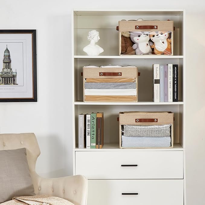 Large Storage Baskets with Clear Window, See Through Closet Organizer with PU Handles, Linen Foldable Storage Bins for Organizing Clothes, Toys, Books (Khaki)