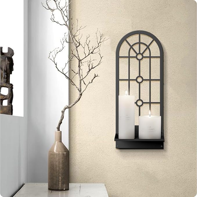 Wall Candle Holder, Black Boho Metal Wall Art Decor, Bohemian Line Wall Candle Holder for Living Room, Dining Room, Bedroom, Bathroom (16.5 x 7 in)