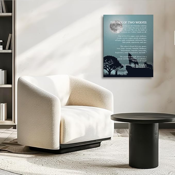 Wolf Wall Art, Wolf Poster, The Tale of Two Wolves, Canvas Wall Art Inspirational Quote Decor 6x20 inch