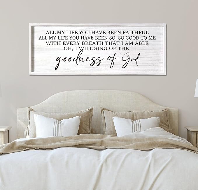 Goodness of God Framed Wall Art, 40''×15'' Positive Religious White Bible Verse for Christian God Jesus Christ Prayer, Vintage Rustic Long Holy Catholic Scripture Decor