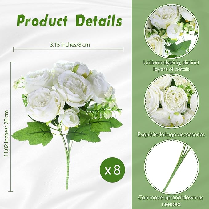 Geosar 8 Bundles Artificial Peonies Flowers Fake Silk Peony Bouquet Faux Peonies Flowers Bulk for Decoration Vase Florals Arrangements Wedding Party Table (White)