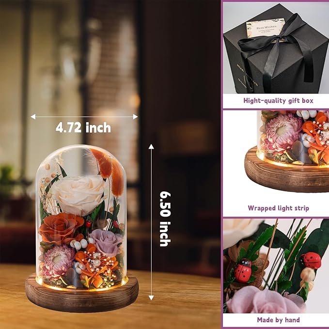 Forever Flowers with Symbolic Ladybugs: Preserved Flowers Gift for Women-Romantic Table Centerpiece-Valentines, Anniversary, Mom Gifts for Her-Flowers for Delivery Prime (Orange)