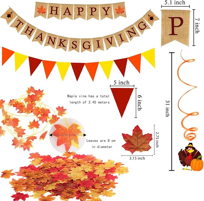 Happy Thanksgiving Burlap Banner Paper Triangular Bunting Maple Leaf Pumpkin Turkey Garland for Thanksgiving Day Welcome Autumn harvest Party Decorations