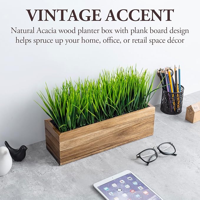 MyGift 14 Inch Artificial Green Grass Plant in Solid Acacia Wood Planter Window Box, Faux Greenery in Decorative Rectangular Crate Style Wooden Container