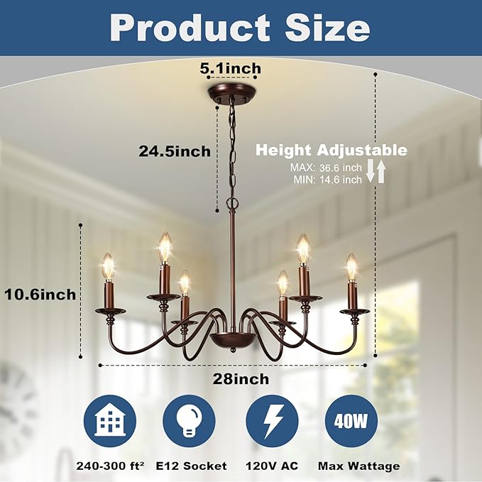 Depuley Farmhouse Chandelier for Dining Room: 6-Light Antique Industrial Hanging Ceiling Pendant Light Fixture for Kitchen - Oil-Rubbed Bronze Rustic Vintage Iron Candle Chandeliers for Entryway