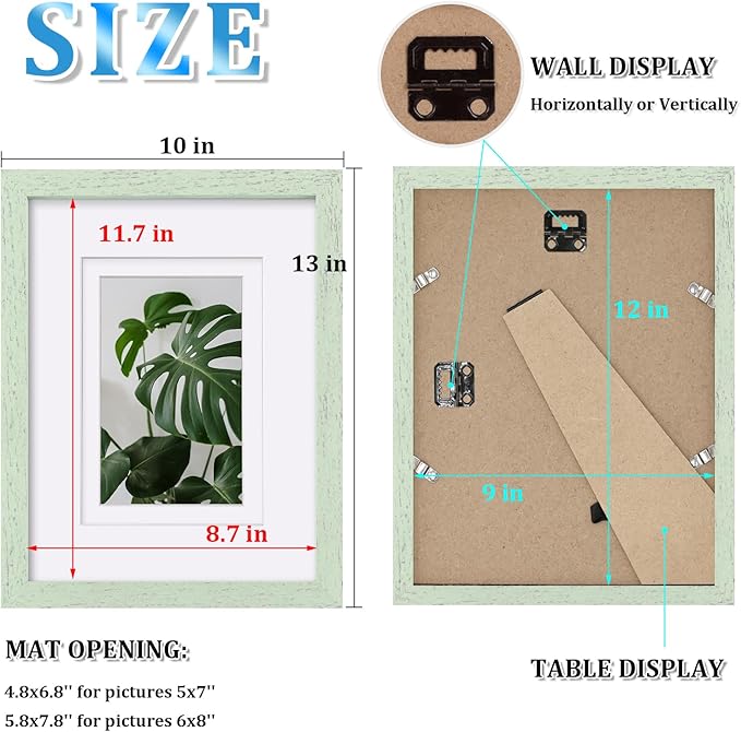 Egofine 9x12 Picture Frames Set of 4, Made of Solid Wood Covered by Plexiglass 5x7 and 6x8 with Mat or 9x12 without Mat, for Table Top Display and Wall Mounting Photo Frame Rustic Green