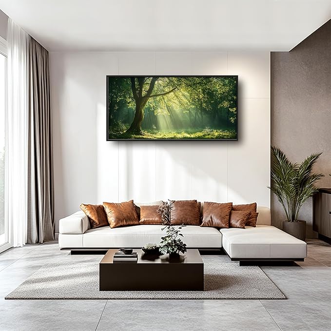 Framed Large Wall Art for Living Room, Green Forest Tree Canvas Wall Decor, Large Nature Pictures Framed Painting, Natural Landscape Artwork for Bedroom Office Home Decor 60L'' × 30W''