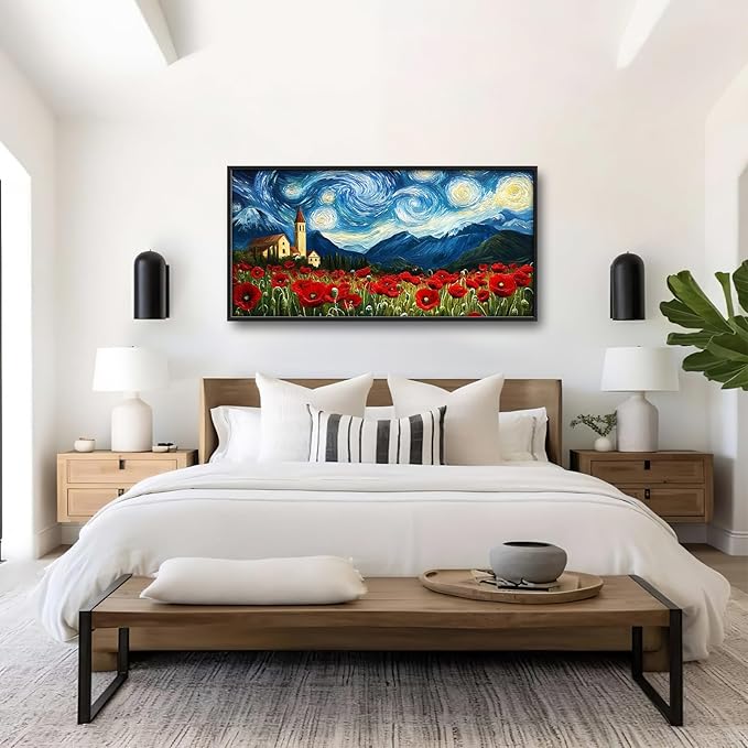 Starry Night Framed Wall Art for Living Room, Large Poppies Canvas Wall Decor, Vintage Red Flowers Pictures Painting, Modern Artwork for Bathroom Bedroom 60L'' × 30W''