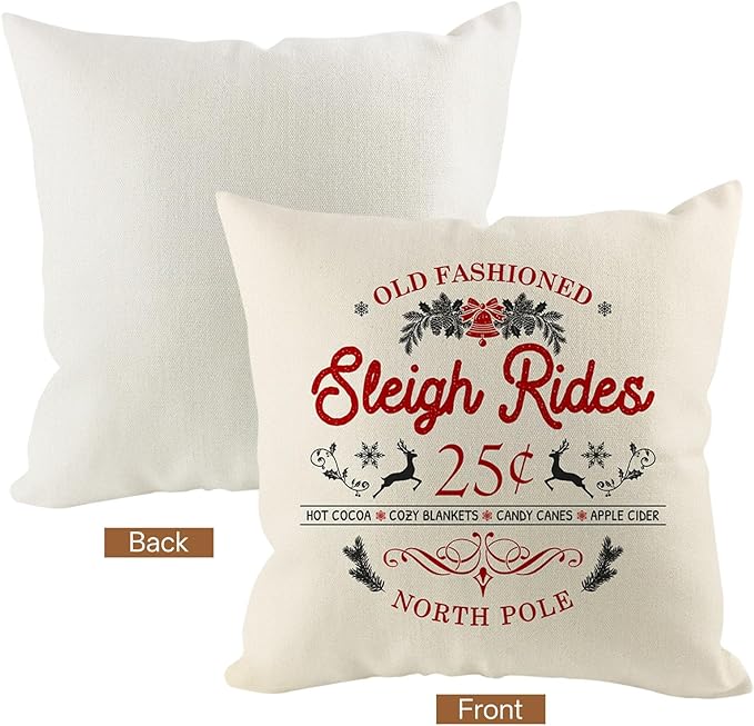 Christmas Pillow Covers 18x18 inch Set of 4, Holiday Winter Outdoor Vintage Tree Xmas White Neutral Farmhouse Seasonal Burlap Decorations for Sofa Couch