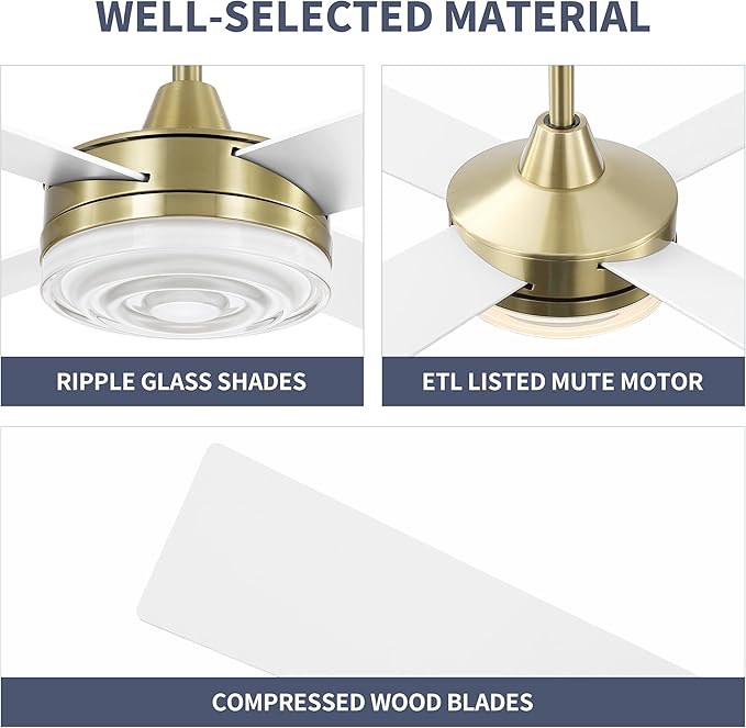 WINGBO 52 Inch Ceiling Fan with Lights and Remote, 3CCT, Modern Ceiling Fan with Ripple Glass Shade, 6-Speed Reversible DC Motor for Bedroom Living Room Kitchen Hallway, Brass and White