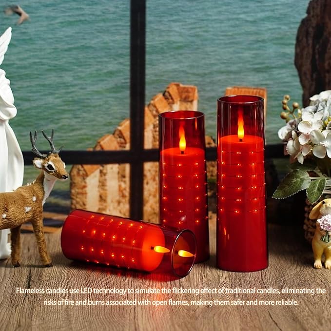 Flameless Candles with Embedded Star String - Flow Flicker Battery LED Candles, Realistic Flame, Red Set of 5 | Holiday Decoration, Wedding, Party Adding to The Family Atmosphere