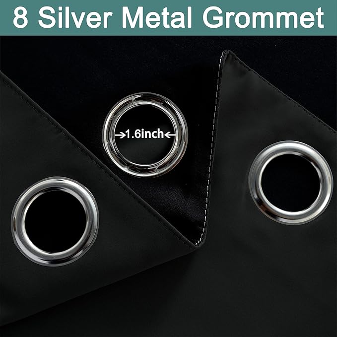 Yakamok 63 Inch Length 100% Blackout Curtains for Bedroom, 2 Thick Layers Thermal Insulated Grommet Total Blackout Drapes with Black Liner for Living Room (52Wx63L,Black, 2 Panels)