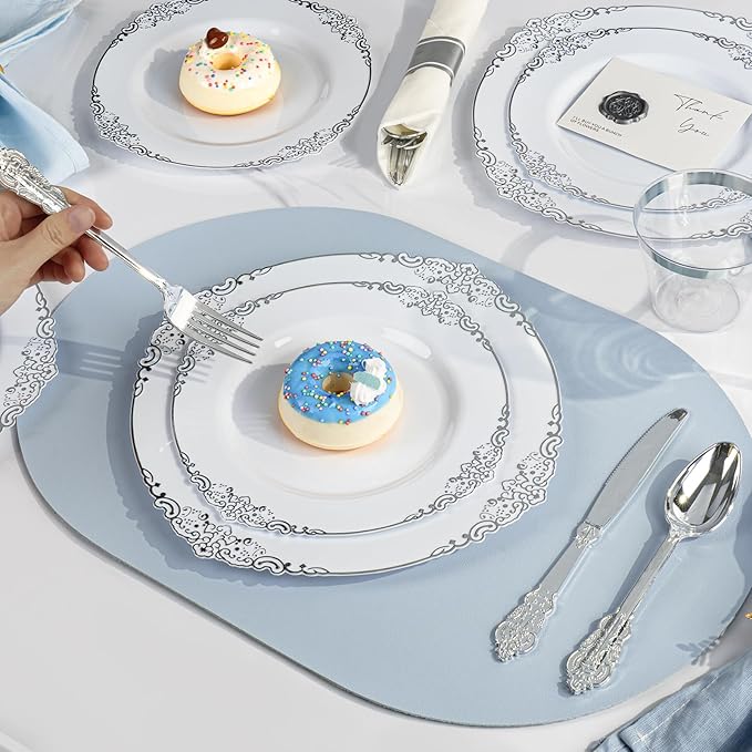 350PCS Silver Plastic Plates for 50 Guests, Disposable Dinnerware Sets Include 100 Silver Rim Plastic Plates, 50 Silverware, 50 Pre Rolled Napkins for Party, Wedding & Decor