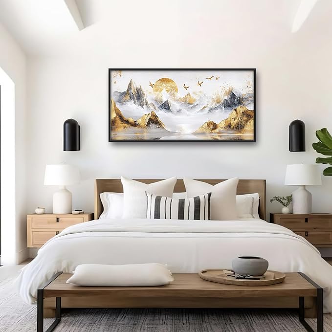 Extra Large Framed Abstract Mountain Wall Art,Golden Silver Sun Bird Wall Decor,Mountain Landscape Pictures for Living Room,Canvas Print Painting Modern Artwork Bedroom Office Bathroom 60L x30W