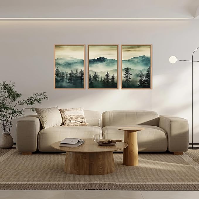 HOURIA Large Boho Mountain Forest Framed Canvas Wall Art Set,Nature Foggy Woodland Wall Decor,Modern Pine Tree Artwork,Watercolor Botanical Art Print for Living Room,Bedroom,Farmhouse- 16"x24"x3