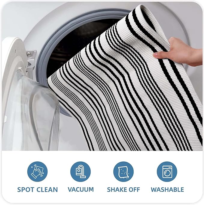 OJIA Fall Front Door Mats Outdoor 24"x35", Cotton Woven Halloween Doormat Front Door Rug Washable Indoor Door Mat Black and White Outdoor Rugs Striped Rug for Porch Decor/Farmhouse/Entryway