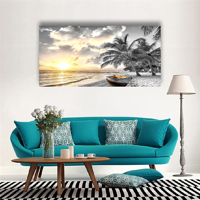 Black and White Beach Pictures Canvas Wall Art for Living room Bedroom Wall Decor,Seascape Wall Art Print Paitnings for home Decor,Morden Artwork Sunset Canvas Art Waterproof Stretched Ready to