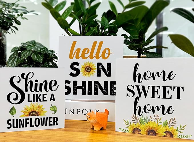 Summer Sunflower Decor for Home Farmhouse Sunflowers Tiered Tray Decor 3 Pcs Wood Decorative Signs Rustic Table Desk Shelf Home Decoration