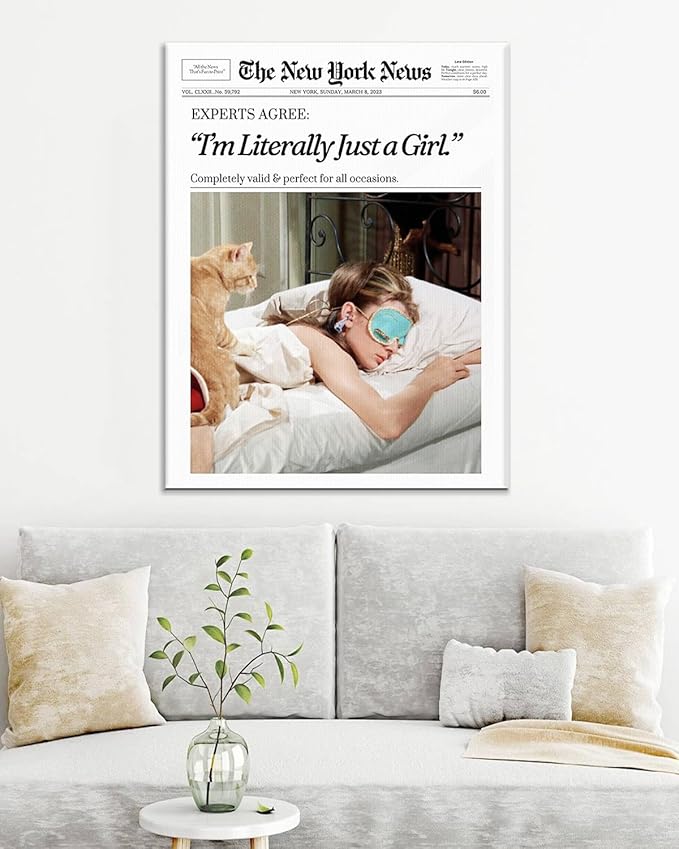 Trendy Newspaper Style Wall Art 12x16, Audrey Hepburn Magazine I'm Literally Just a Girl Canvas Wall Art Home Decor Aesthetic Prints Painting Retro Set of 1 for Bedroom Dorm Decor Ready to Hang