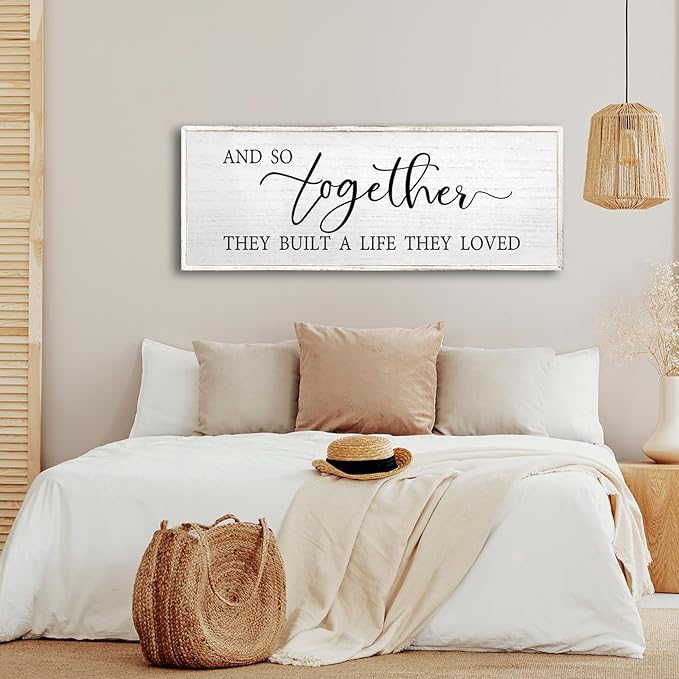 And So Together They Built A Life They Loved Wall Decor 40”X15” Rustic Master Bedroom Large Wood Framed Sign Above Bed Modern Farmhouse Quotes Couple Wall Art Over Bed Hanging Decoration (White)