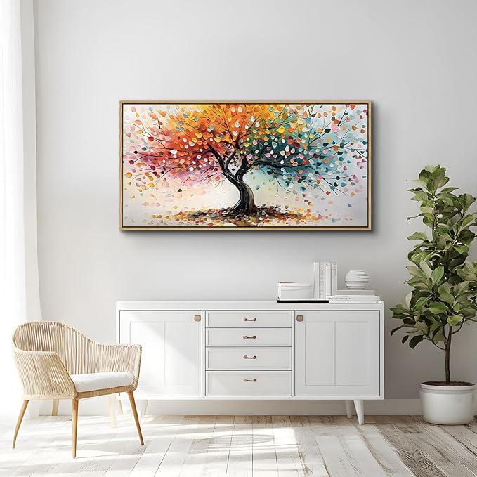 crmotu Tree of Life Large Framed Wall Art, Rainbow Tree Canvas Prints Abstract Painting, Colorful Modern Aesthetic Wall Pictures for Living Room Bedroom Bathroom Home Office Decorations 24"X48"