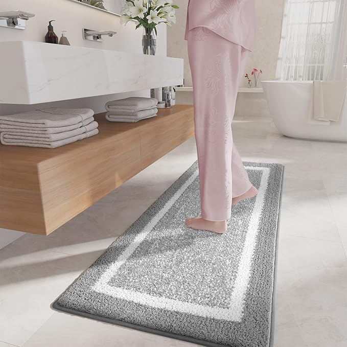 Color&Geometry Simple and Stylish Long Bathroom Rugs Runner Non Slip, 24"x59" Gray Bath Runner Rug, Absorbent, Soft, Washable, Microfiber Bath Mat Bathroom Carpet