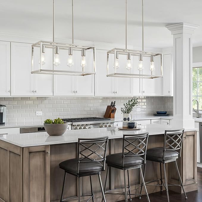 4-Light Dining Room Light Fixture Farmhouse Chandelier Brushed Nickel Modern Kitchen Island Pendant Lights Rectangular Hanging Lights Adjustable Height Metal E26 Base