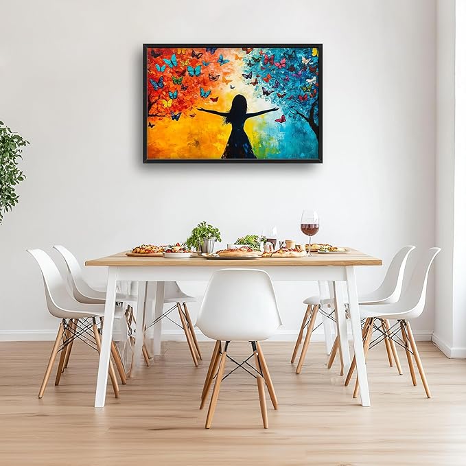 Framed Large Wall Art for Living Room, Colorful Butterfly Tree Canvas Wall Decor, Large Picture Framed Painting, Modern Artwork for Bedroom Office Home Decor 36L'' × 24W''