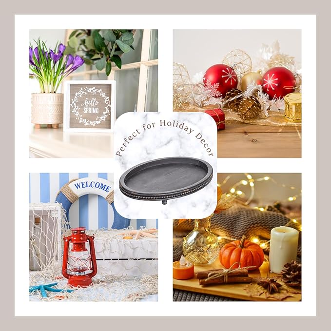 Oval Trays, Wooden Decorative Trays for Coffee Table, Small Beaded Decor in Black