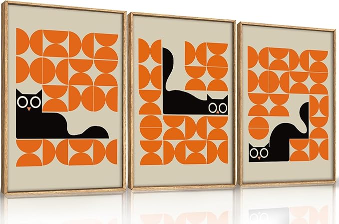 HOURIA Geometric Black Cat Framed Canvas Wall Art Set,Abstract Orange & Cream Wall Decor,Round Eyes Playful Kitten Wall Painting,Modern Animal Prints for Nursery,Living Room,Office - 16"x24"x3