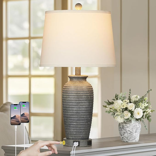 25" Farmhouse Jar Table Lamps, 3 Way Touch Control Rustic Bedside Lamps with USB A+C Ports & AC Outlet, Pot Nightstand Lamps for Bedroom Living Room (LED Bulbs Included)