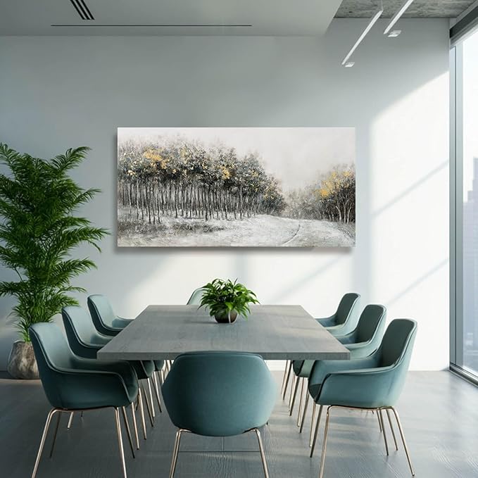 CHUDANHAO Minimalist Wall Art Grey and White Forest Wall Decor Gold Foil Artwork for Walls Nature Posters for Kitchen Dining Room 24x48 Inch