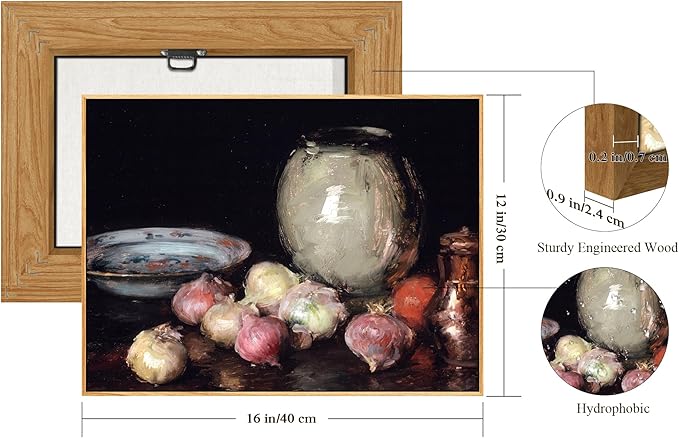 crmotu Vintage Framed Wall Art, Still Life Onions Canvas Oil Paintings, Black Antique Kitchen Decorations Art Prints, Rustic Home Decor Bedroom Dining Room Desktop Farmhouse Aesthetic Artwork 12x16in