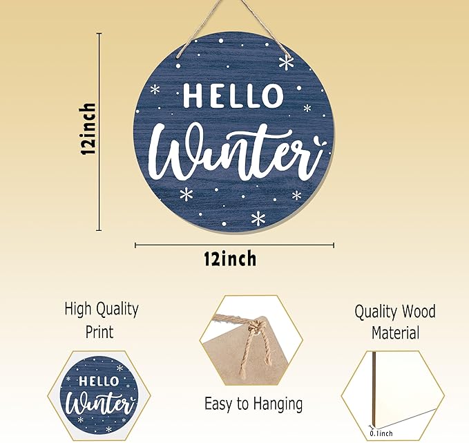 CGBHW Hello Winter Wooden Sign, Navy Blue Holiday Snowflake Hanging Sign Wall Decor for Room Home, Winter Wonderland Snowy Christmas Door Decor 12 x 6 Inch