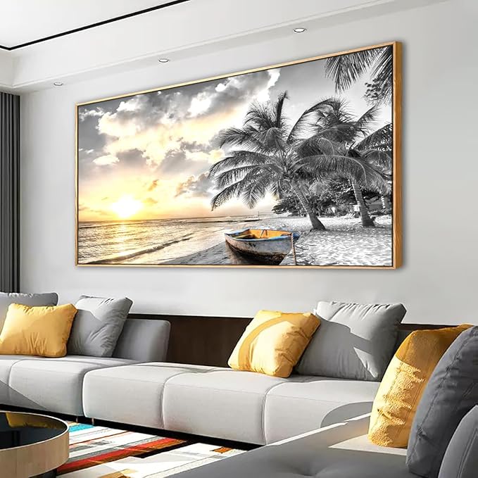 Framed Canvas Wall Art for Living Room Bedroom Office Black and White Beach Wall Art Paintings Pictures Artwork Seascape Sunset Wall Decor 20 * 40inch