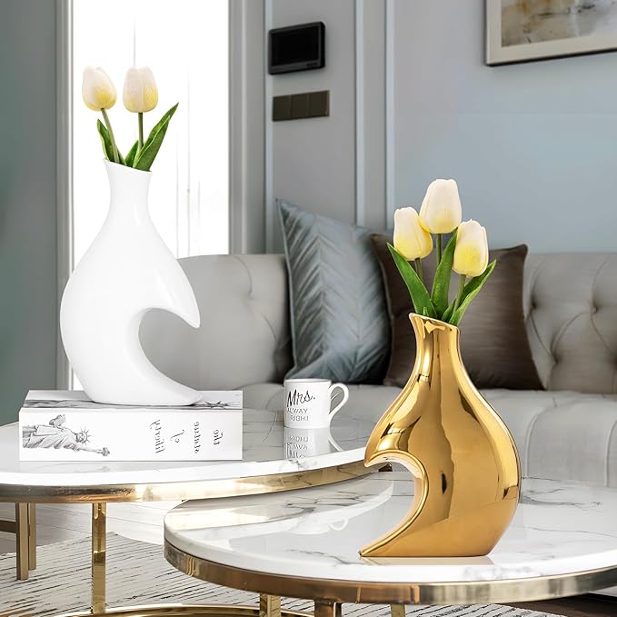White and Gold Vases Set of 2, Modern Vases Home Decor, Gold Ceramic Decor Heart Shaped Vase, Pretty vases for Flowers, Decorative vase Table Centerpieces